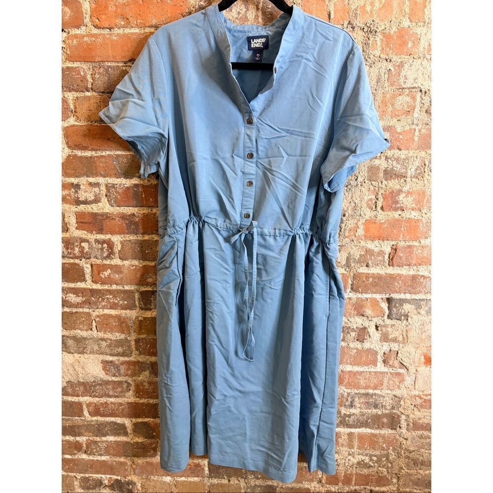 LANDS’ END • Blue Short Sleeve Buttons Drawstring Waist Midi Shirt Dress • Ladie